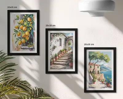 Mur de cadres représentant des citrons sur un fond de fleurs et de vue sur la mer