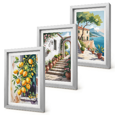 Mur de cadres Citrons sur fond de fleurs et de vues sur la mer