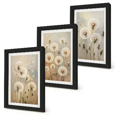 Lot de 3 tableaux représentant des pissenlits blancs sur fond de couleurs vives