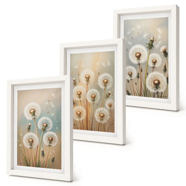 Ensemble de 3 tableaux Fleurs de pissenlit sur un fond de couleurs pastel