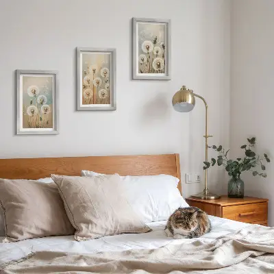 Ensemble de 3 tableaux fleurs de pissenlit sur fond de couleurs pastel