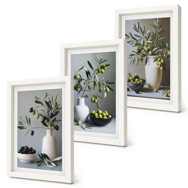 Lot de 3 tableaux Olives dans des vases sur un fond de couleurs douces
