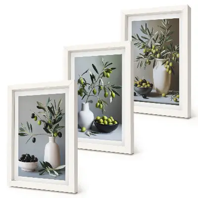 Lot de 3 tableaux représentant des olives dans des vases sur un fond de couleurs douces