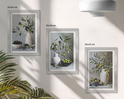 Lot de 3 tableaux Olives dans des vases sur un fond de couleurs douces