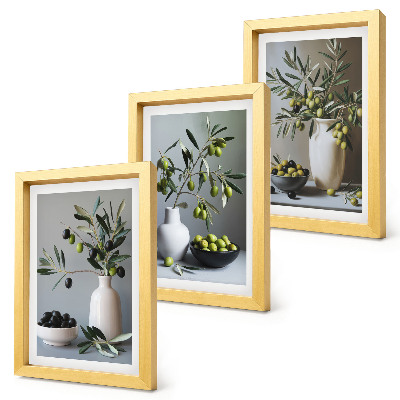 Lot de 3 tableaux Olives dans des vases sur un fond de couleurs douces