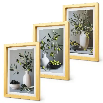 Lot de 3 tableaux représentant des olives dans des vases sur un fond de couleurs douces