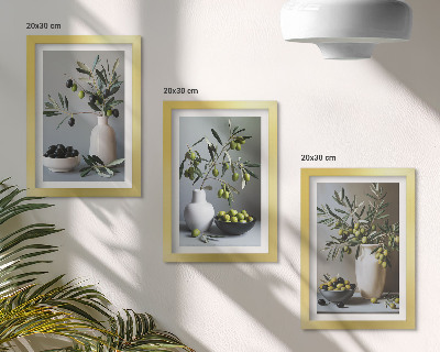 Lot de 3 tableaux Olives dans des vases sur un fond de couleurs douces