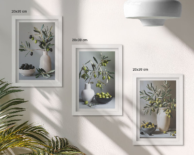 Lot de 3 tableaux Olives dans des vases sur un fond de couleurs douces