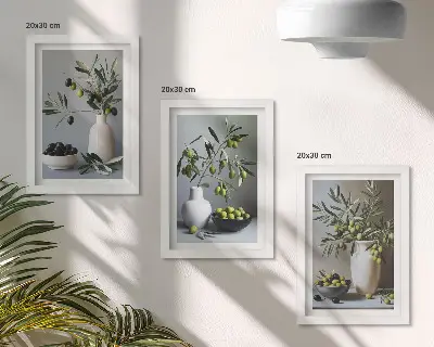 Lot de 3 tableaux représentant des olives dans des vases sur un fond de couleurs douces