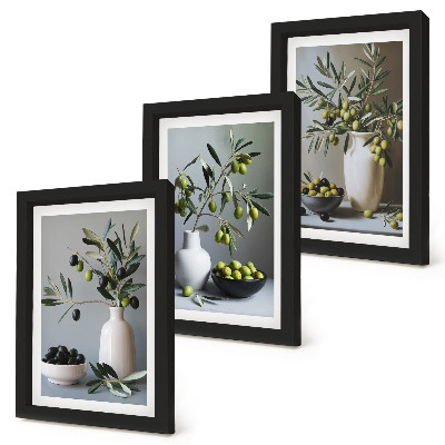 Lot de 3 tableaux Olives dans des vases sur un fond de couleurs douces