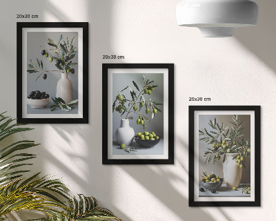 Lot de 3 tableaux Olives dans des vases sur un fond de couleurs douces