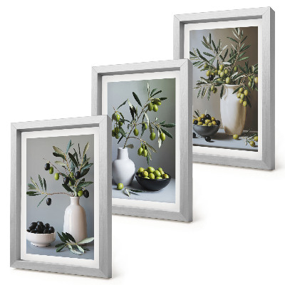 Lot de 3 tableaux Olives dans des vases sur un fond de couleurs douces