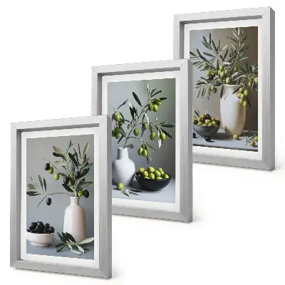 Lot de 3 tableaux représentant des olives dans des vases sur un fond de couleurs douces