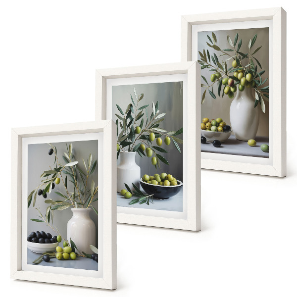 Ensemble de 3 tableaux Olives dans des vases avec des branches sur fond gris