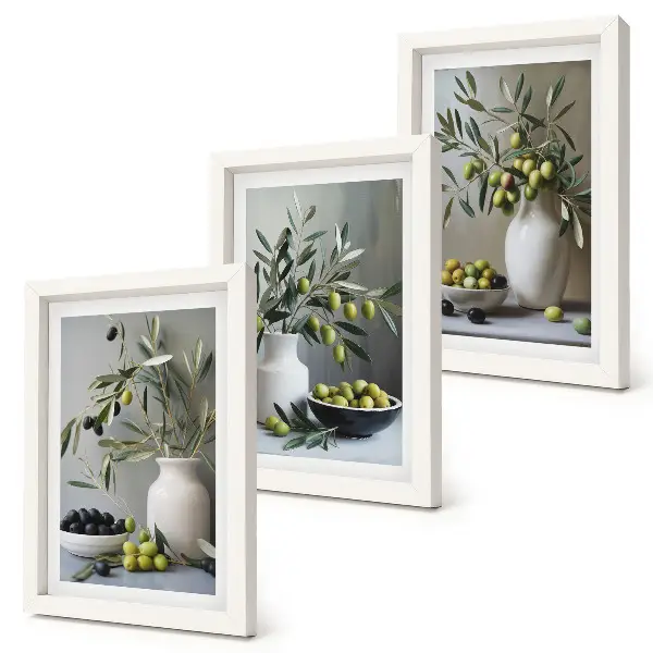 Ensemble de 3 tableaux représentant des olives dans des vases avec des branches sur fond gris