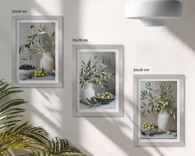 Ensemble de 3 tableaux Olives dans des vases avec des branches sur fond gris