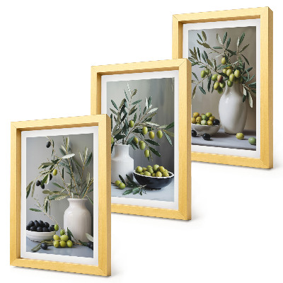Ensemble de 3 tableaux Olives dans des vases avec des branches sur fond gris