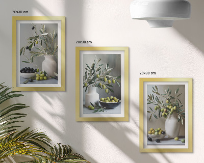Ensemble de 3 tableaux Olives dans des vases avec des branches sur fond gris
