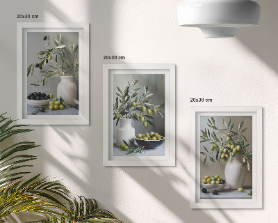 Ensemble de 3 tableaux Olives dans des vases avec des branches sur fond gris