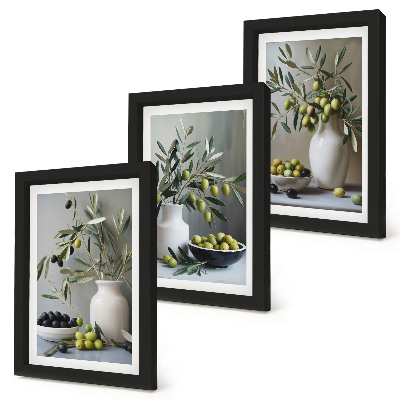 Ensemble de 3 tableaux Olives dans des vases avec des branches sur fond gris