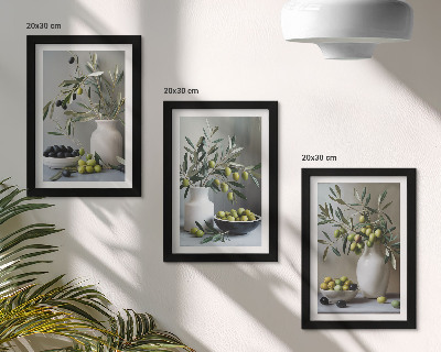 Ensemble de 3 tableaux Olives dans des vases avec des branches sur fond gris