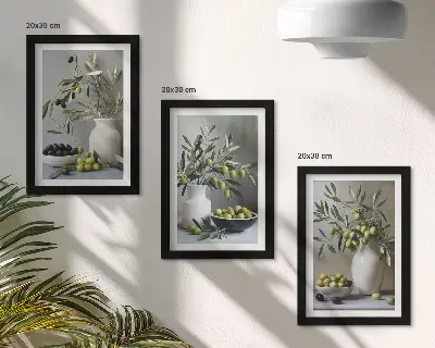 Ensemble de 3 tableaux représentant des olives dans des vases avec des branches sur fond gris