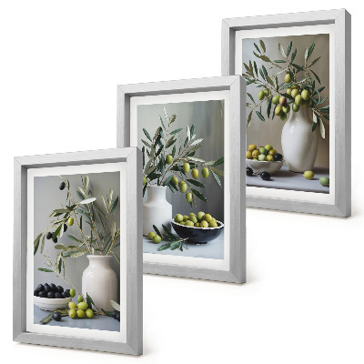 Ensemble de 3 tableaux Olives dans des vases avec des branches sur fond gris