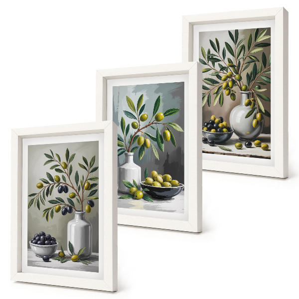 Mur de cadres Olives dans des plats en céramique sur fond gris