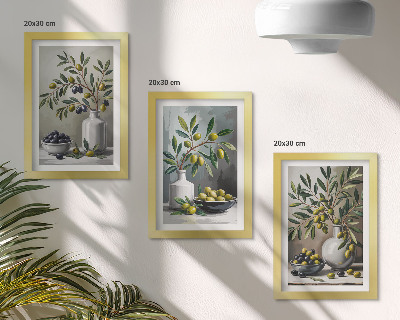 Mur de cadres Olives dans des plats en céramique sur fond gris