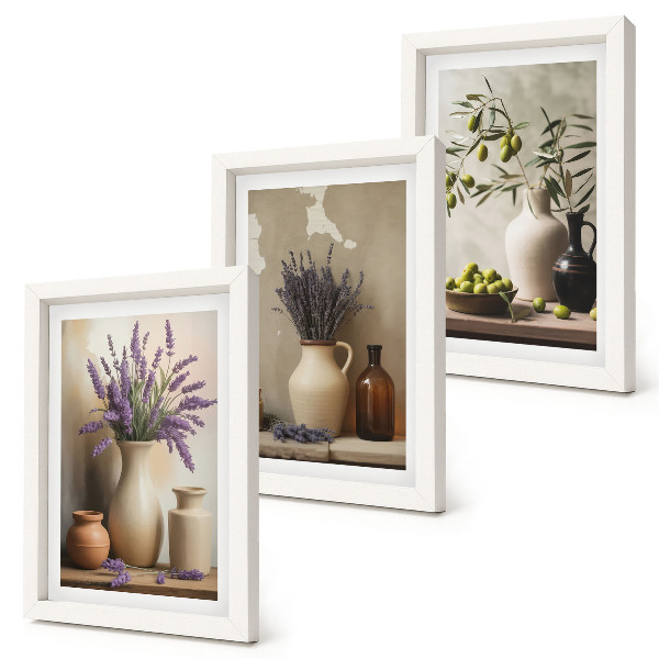 Lot de 3 tableaux Fleurs en vase, olives et décorations naturelles