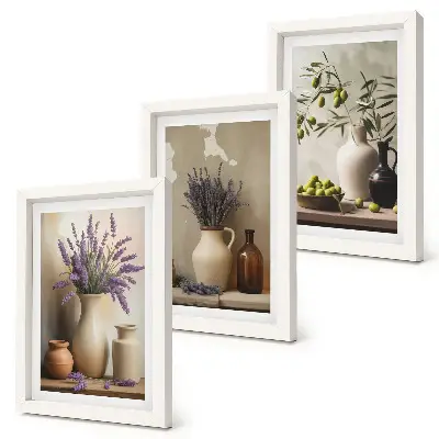 Lot de 3 tableaux fleurs en vase avec olives et décorations naturelles