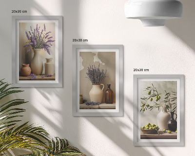 Lot de 3 tableaux Fleurs en vase, olives et décorations naturelles