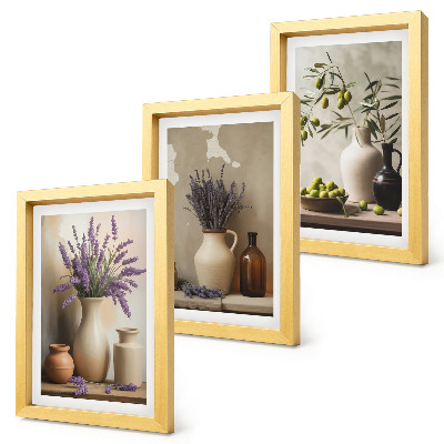 Lot de 3 tableaux Fleurs en vase, olives et décorations naturelles