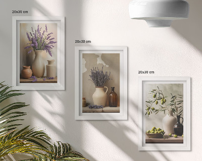 Lot de 3 tableaux Fleurs en vase, olives et décorations naturelles