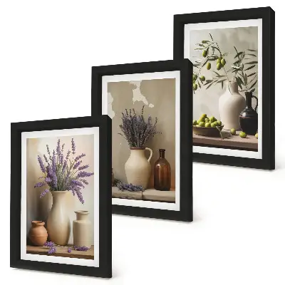 Lot de 3 tableaux fleurs en vase avec olives et décorations naturelles