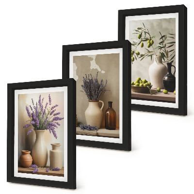 Lot de 3 tableaux Fleurs en vase, olives et décorations naturelles