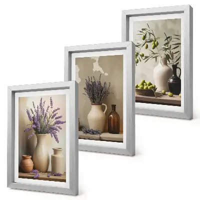 Lot de 3 tableaux fleurs en vase avec olives et décorations naturelles