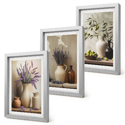 Lot de 3 tableaux Fleurs en vase, olives et décorations naturelles