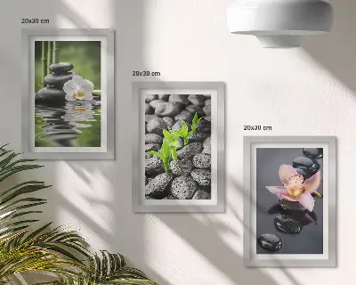 Ensemble de 3 tableaux composition zen représentant des pierres et des fleurs sur l'eau