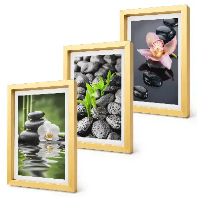 Ensemble de 3 tableaux composition zen représentant des pierres et des fleurs sur l'eau