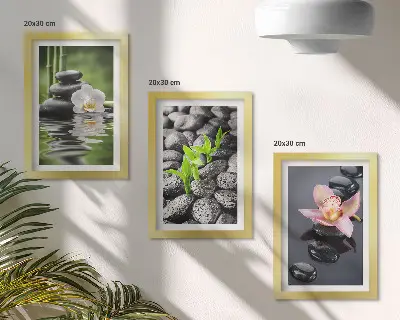 Ensemble de 3 tableaux composition zen représentant des pierres et des fleurs sur l'eau