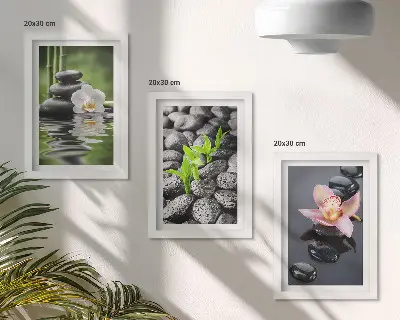 Ensemble de 3 tableaux composition zen représentant des pierres et des fleurs sur l'eau