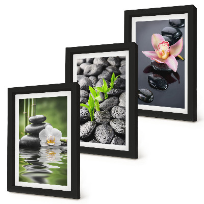 Ensemble de 3 tableaux Une paisible composition zen de pierres et de fleurs sur l'eau