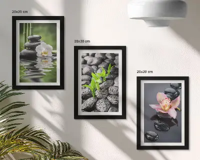 Ensemble de 3 tableaux composition zen représentant des pierres et des fleurs sur l'eau