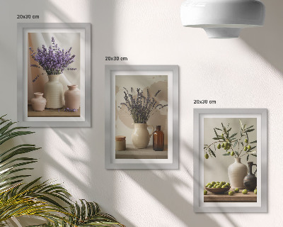 Mur de cadres Fleurs de lavande, olives et vases en céramique