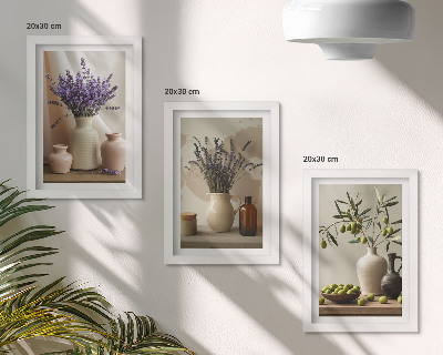 Mur de cadres Fleurs de lavande, olives et vases en céramique