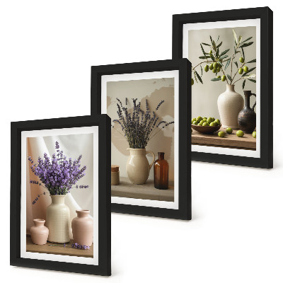Mur de cadres Fleurs de lavande, olives et vases en céramique