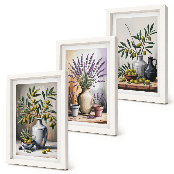 Lot de 3 tableaux Fleurs et olives dans des vases sur fond clair