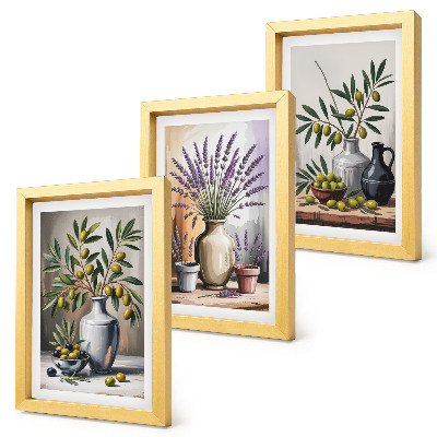 Lot de 3 tableaux Fleurs et olives dans des vases sur fond clair