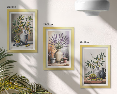 Lot de 3 tableaux Fleurs et olives dans des vases sur fond clair